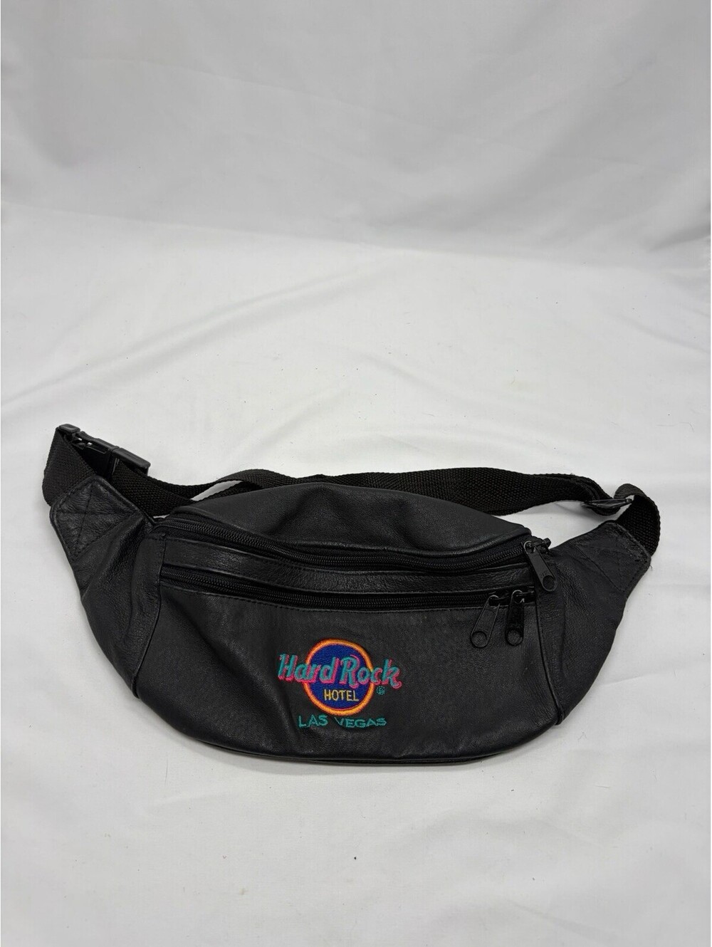 Vintage Fanny Pack Hard Rock Cafe Las Vegas Black Leather Waist Bag 1990s Logo